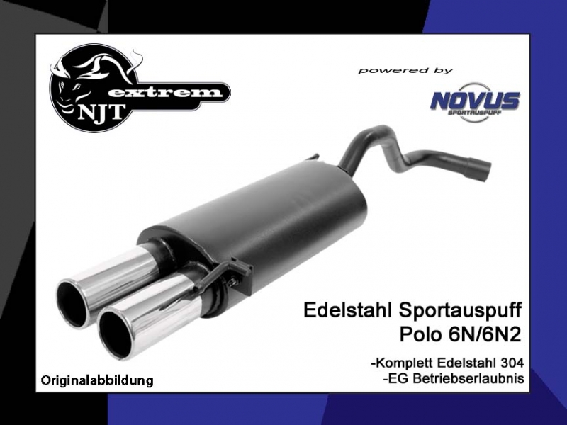 NOVUS Edelstahl Sportauspuff VW Polo 4 Typ 9N/9N3 1.2l 1.4l 1.4l TDI - 2 x  76mm DTM, Sportauspuff online bestellen